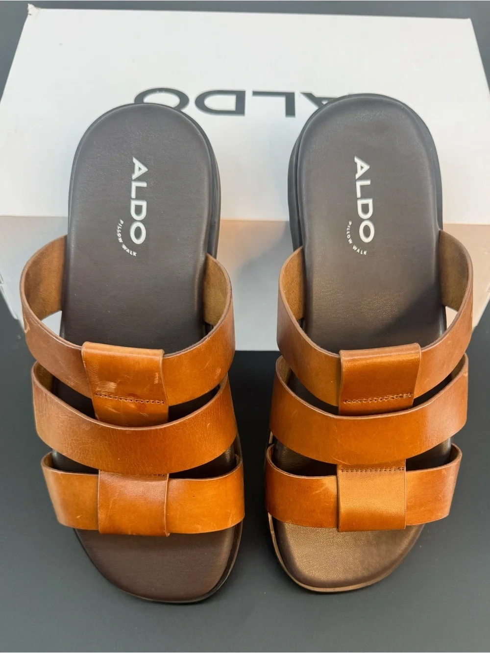 Aldo Men’s Tan Triple-Strap Leather Slide Sandals Size 10